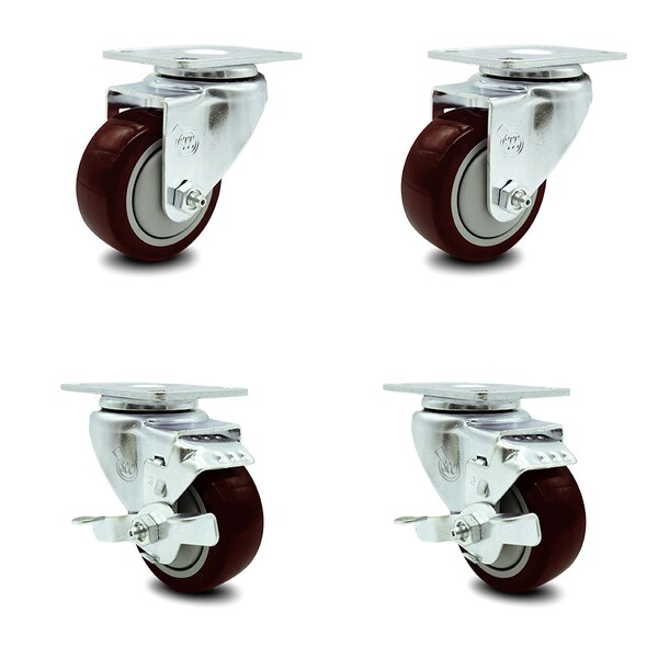 3 Inch Maroon Polyurethane Wheel Swivel Top Plate Caster Set with 2 Brakes SCC